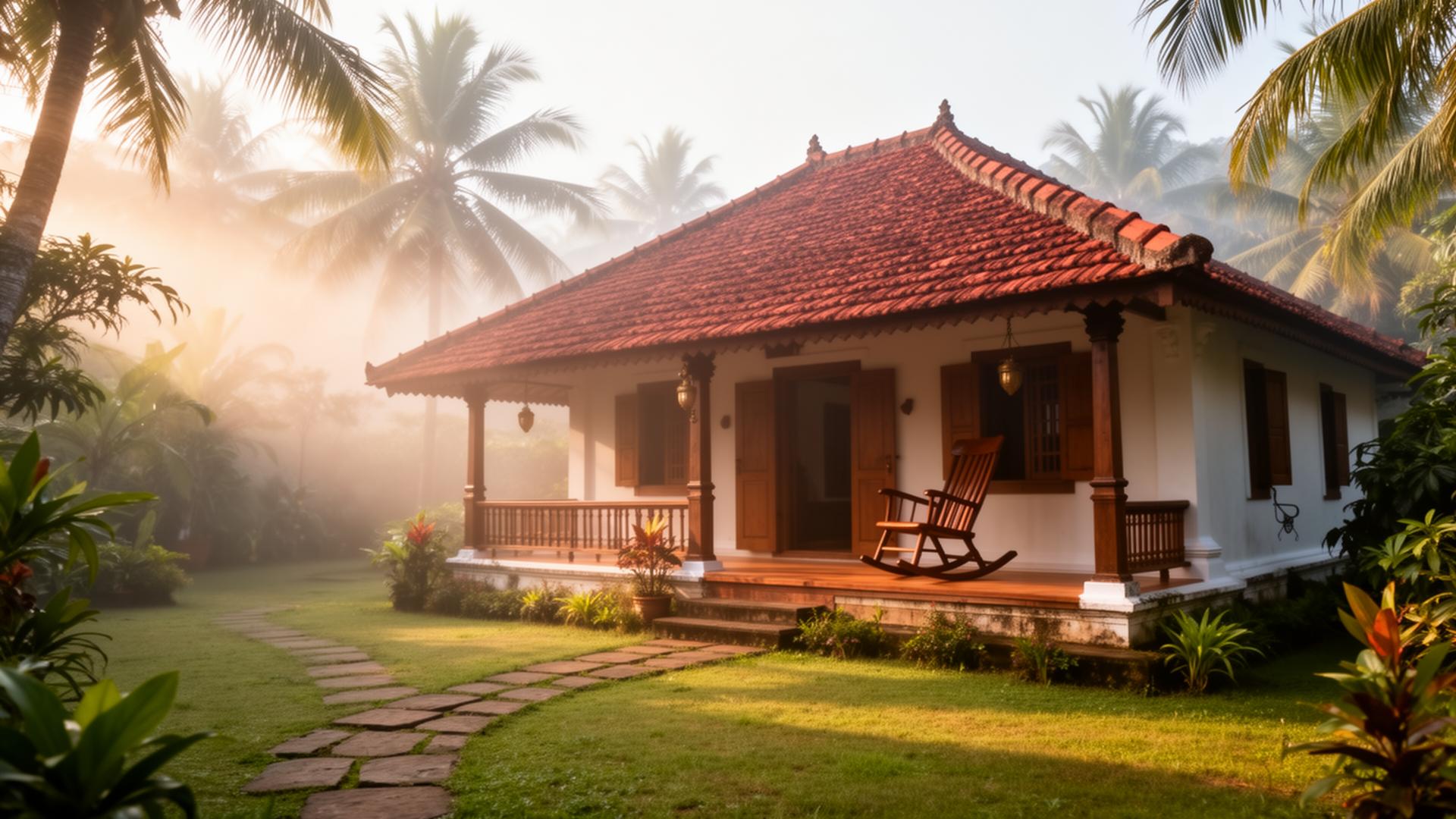 Traditional Ayurvedic retreat house surrounded by palm trees