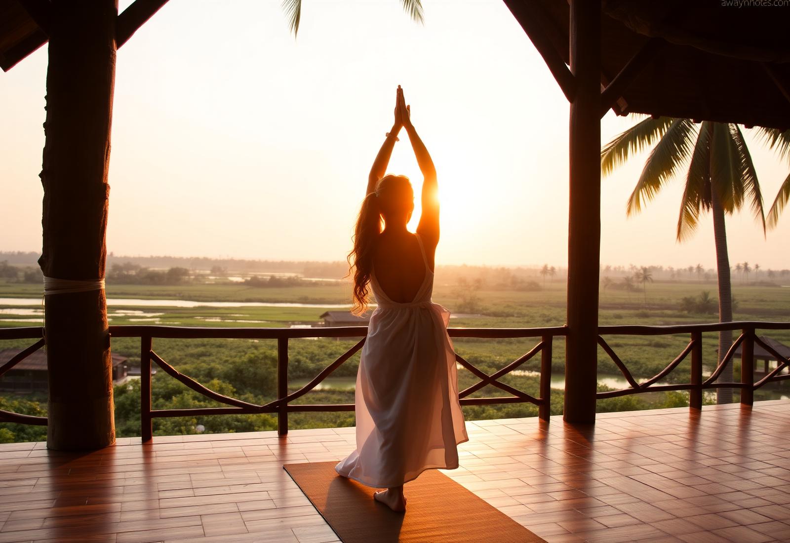 Woman doing yoga at sunset on a Kerala retreat balcony