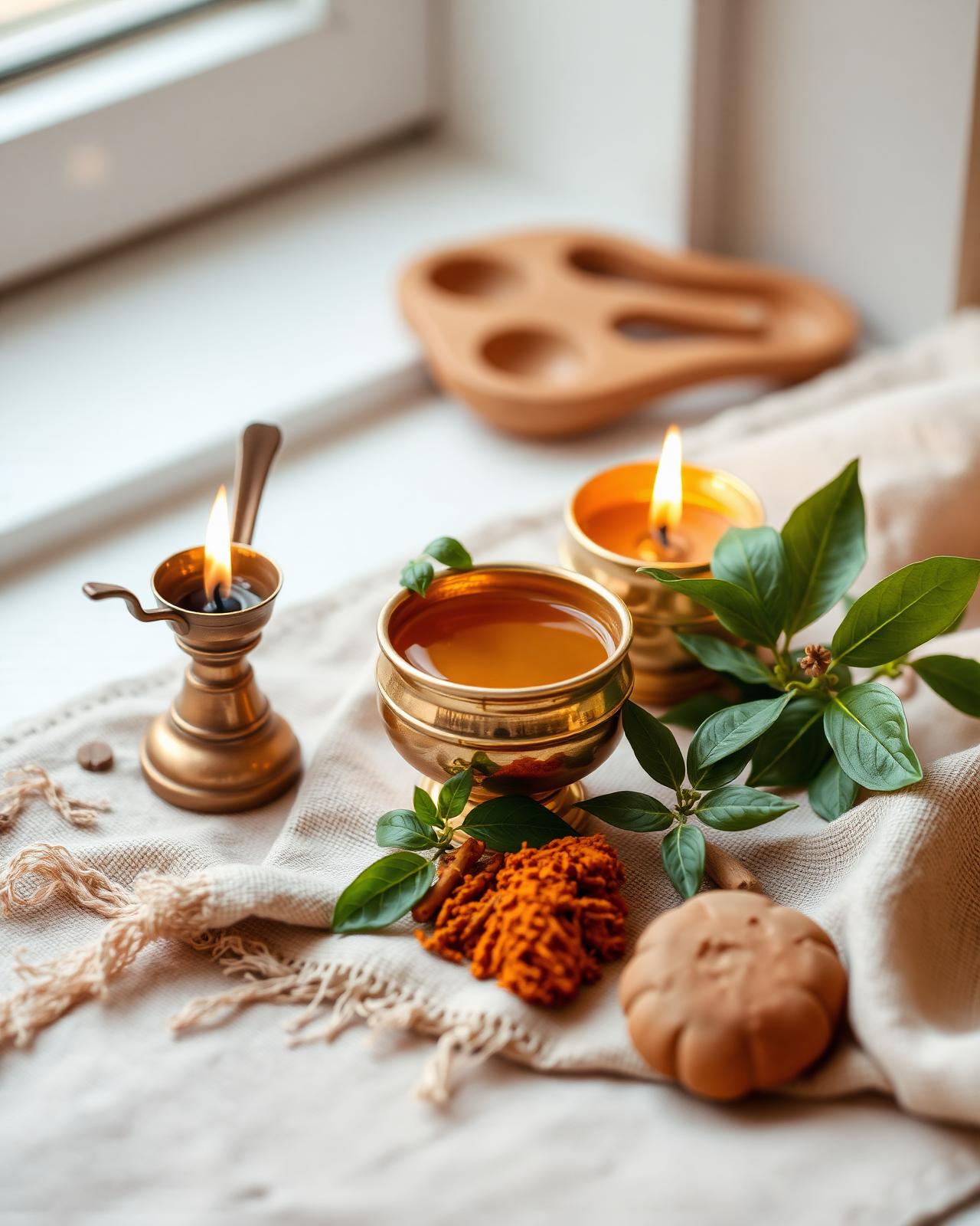Ayurvedic sanctuary — brass vessels, candle and herbs on linen cloth